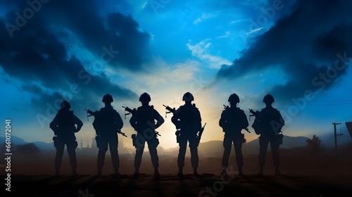 Silhouette of the Army Soldiers. Concept of Israeli and Hamas military crisis, conflict between Israel and Gaza Strip. Israel and Palestine war, terrorism. Generative AI.