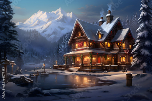 Winter retreat by Emerald Lake, A charming lodge amidst serene snowscape. High-quality illustration.
