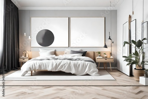 Scandinavian interior design of modern bedroom with big art poster frame. 