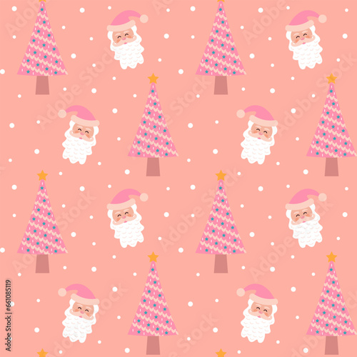 Cute pink christmas tree and santa claus seamless pattern. Glamour pastel christmas print