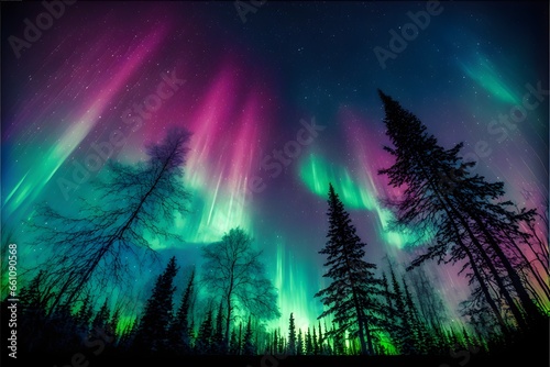 the sky is high with many stars many colorful auroras many tall trees below green purple blue background super realistic hyper detailed dramatic lighting 8k 