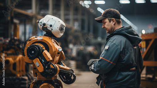 A male engineer in work clothes stands near a robot in a warehouse in a hangar. Introduction of robots with artificial intelligence into the work environment