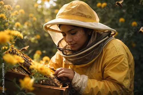 A young Beekeeper looking for bees in a safe bee kit - Yellow flower blossom in autumn landscape; person harvesting on farm.