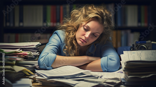 An exhausted businesswoman rests slumped at her desk with signs of effort evident on her face. A portrait of an exhausted and tired woman at a work desk.