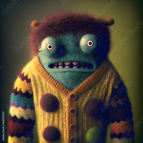1970 portrait of wacky fuzzy felt monster wearing goofy sweater photorealism high detail 70s lighting soft portrait lighting 