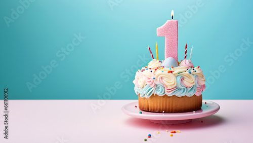 1st year birthday cake on isolated colorful pastel background