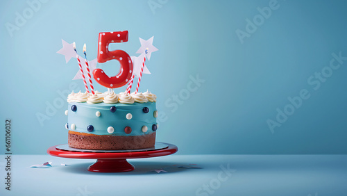 5th year birthday cake on isolated colorful pastel background