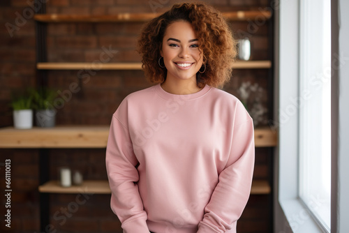 A happy plus size, african woman, she is wearing a plain rose mockup unisex sweatshirt showcasing, brazilian woman at home.
