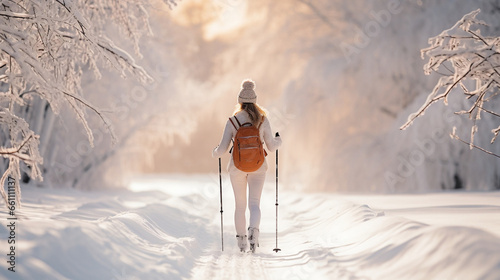 Winter Wonder, Young Woman Gliding Through Snowy Trails on Cross Country Skis