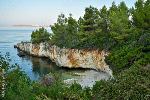 View of the hidden beach on Kefalonia, the largest of the Ionian island, Greece, Europe. Concept of tourism and travel.