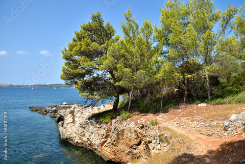 View of the wild rocky beach on Kefalonia, the largest of the Ionian island, Greece, Europe. Concept of tourism and travel.