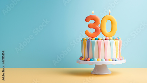 30th year birthday cake on isolated colorful pastel background