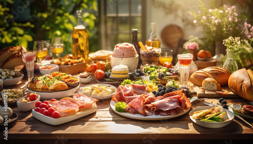 A breakfast or brunch table beautifully set with an enticing assortment of delectable delicacies, creating the perfect spread for an Easter feast.