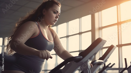 Fat woman in the new modern gym day time