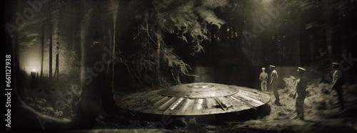 A large group of men investigated a UFO craft in a forest at night in 1954