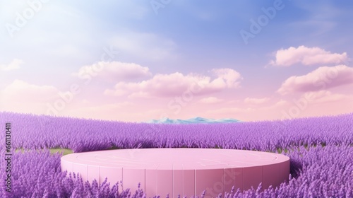 Lavender podium flower background purple product nature platform stand summer 3d table. Cosmetic podium lilac abstract field studio beauty flower spring lavender floral display plant backdrop crystal.