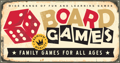 Vintage advertising sign for board games with red dice graphic. Retro poster design. Nostalgic decorative sign concept.