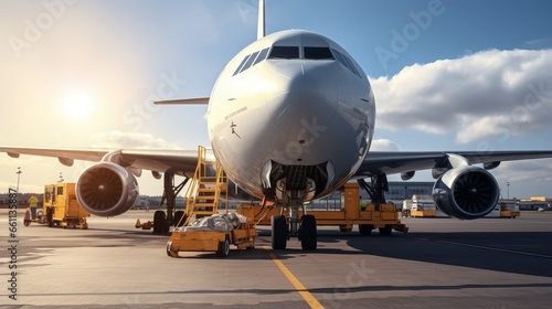 Preparation freight airplane at airport. Loading of cargo containers against jet engine of plane.