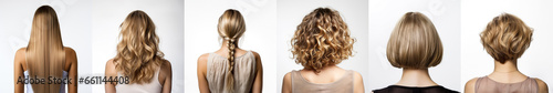 Various haircuts for woman with dark blonde hair - long straight, wavy, braided ponytail, small perm, bobcut and short hairs. View from behind on white background. Generative AI