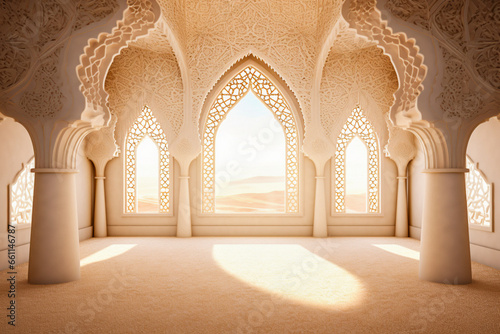 A room decorated with intricate arabic patterns on the walls and ceiling. The room is lit by the bright sunlight coming in through the windows. Dreamy mood.