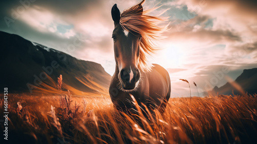 Retrato de un caballo salvaje marrón mirando a la cámara