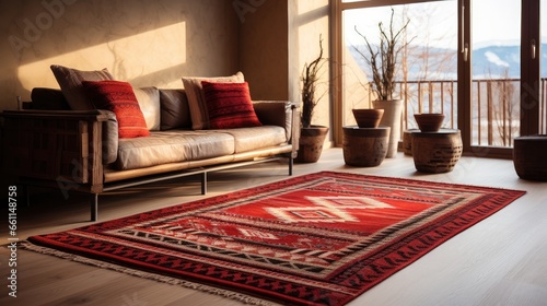 Classic interior: Enhance your vintage decor with a traditional Arabian red rug, woven with intricate motifs and timeless cultural charm."