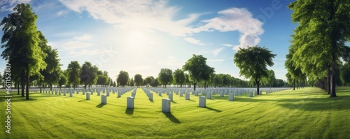 Big american military cemetery with perfect green grass, panorama. Generative Ai.