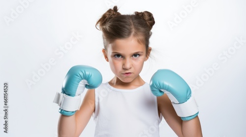 An angry girl with a blue boxing glove on her face