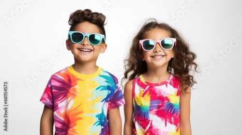Two little boys and girls wearing colorful glasses