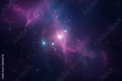 Seamless space texture background. Stars in the night sky with purple pink and blue nebula. A high resolution astrology or astronomy backdrop pattern created using AI 