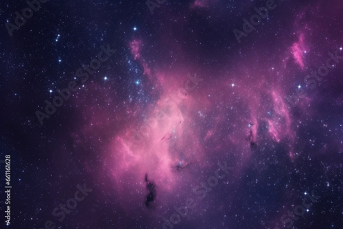 Seamless space texture background. Stars in the night sky with purple pink and blue nebula. A high resolution astrology or astronomy backdrop pattern created using AI 