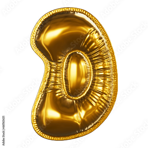 Realistic gold font 3D render - letter D. Inflated Balloons gold foil letter. Illustration isolated on a transparent background.