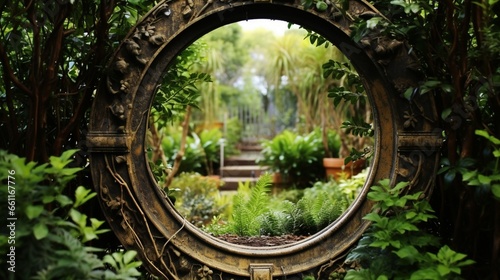 A peek through a keyhole-shaped garden gate.