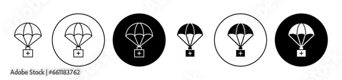 Parachute with first aid kit sign icon set. Disaster emergency relief goods vector symbol in black filled and outlined style.