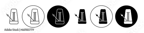 Classic metronome sign icon set. Vintage rhythm swinging metronome vector symbol in black filled and outlined style.