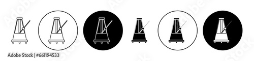 Classic metronome icon set. Vintage rhythm swinging metronome vector symbol in black filled and outlined style.