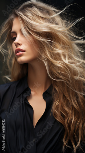 sensual portrait of a blonde with flying hair. banner or poster for a beauty salon