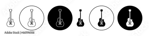 Acoustic guitar icon set in black filled and outlined style. Concert music guitar vector symbol for ui designs.