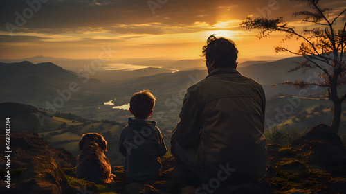 father with his son on the top of the mountain next to his pet looking at the sunset - education and life lessons concept