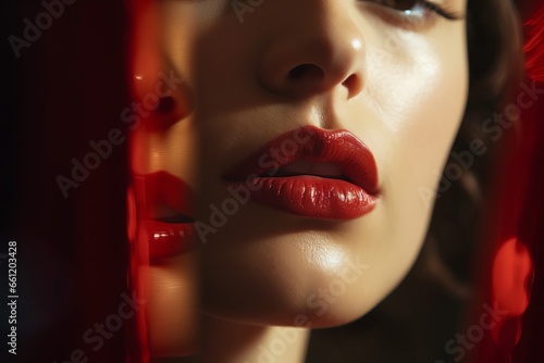 Woman's red lips with mirror reflection