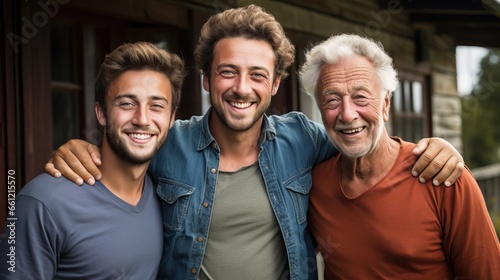 Cheerful portrait of three generations of Caucasian men, all smiling.