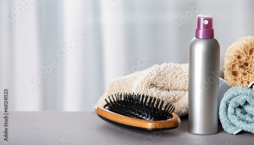 Dry shampoo spray, towels, hair brush on a light grey surface, blurry background