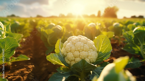 Ripe cauliflower in the plantation with the sun rays in harvesting time. Created using generative AI.