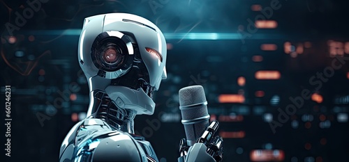 Singer or announcer robot with microphone on sci-fi cyberpunk background.