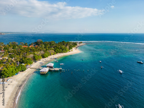 Senggigi beach aerial landscape by drone in Lombok, Indonesia. Popular beach area in Lombok, Indonesia