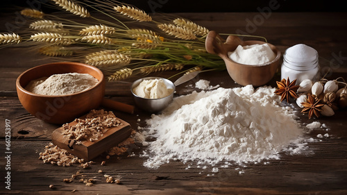 Beautiful Flour with Ingredients for Bakery Products on Wooden