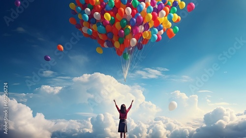 Person Releasing colorful Balloons, LGBTQ coming out. blue sky clouds, Liberation renewal freedom relief