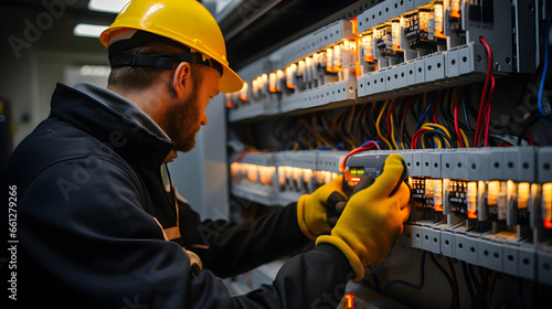 Electrical engineers test electrical installations and wiring on protective relays, measuring them with a multimeter.