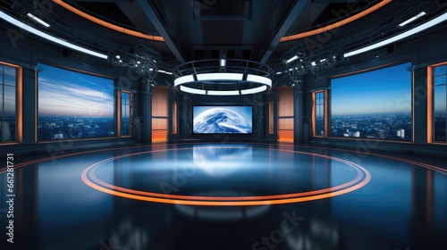Television studio, Studio news with a large screen in the middle, Tv news studio.