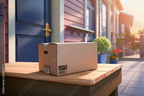 Close up of parcel or cardboard box in front of entrance house. Real estate concept delivery and purchasing.